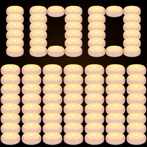 Image of 100 Pack 2 Inch Flameless LED Floating Candles, Battery Operated White Tealights with Realistic Flickering Flame, Waterproof for Cylinder Vases, Wedding Centerpieces, Pool, Party & Holiday Decor