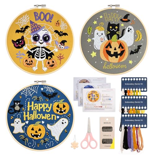 Image of XM-GENYUE 3 Sets Festival Pattern Embroidery Kit with Embroidery Hoop, Easy Hand Embroidery Kit for Beginners and Adults, Full Embroidery Hoop Kit with Needles and Thread Included