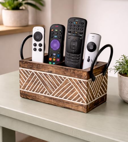 Image of Craft Expertise 2 Compartment Remote Control Holder Stand for TV & AC - Wooden & Iron Remote Organizer for Table, Sofa & Bedside | Rustic Brown Decorative Remote Caddy | Size 8 x 4 x 6.5 Inches