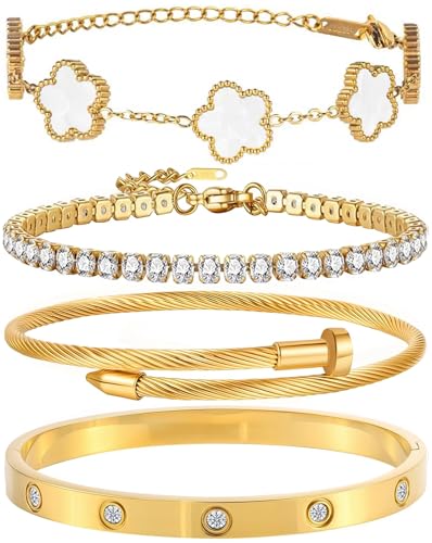 GIVCHO 18K Gold Plated Nail Love Bangle Bracelet Set for Women Stackable Floral Clover Adjustable Tennis Bracelet Non Tarnish Gift Jewelry for Christmas Valentines Birthday Mother's Day