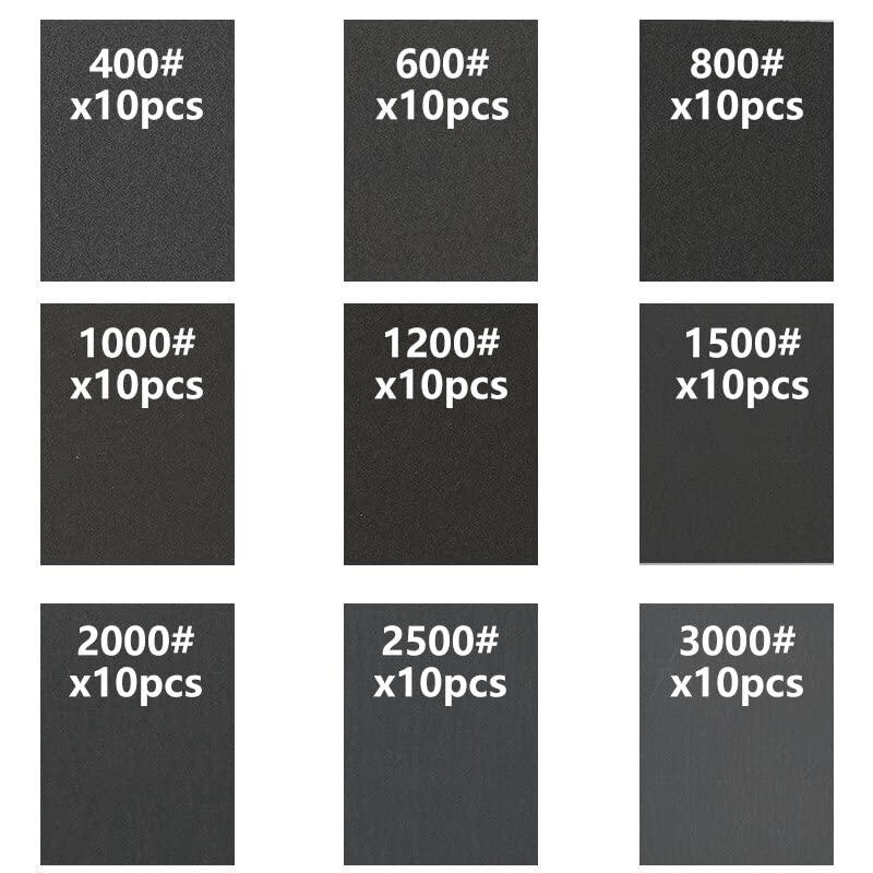 90Pcs Wet and Dry Sandpaper Set - 400-3000 Grit Abrasive Paper for Wood, Metal, and Crafts - 9x3.6 Inch Silicon Carbide Sanding Sheets