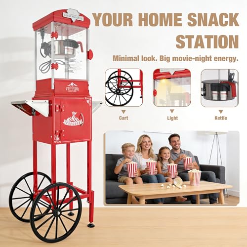 Image of 10oz Popcorn Machine with Cart - Vintage Movie Theater Style Maker - Shatterproof Acrylic and Storage Cabinet for Home Parties, Concessions - Red