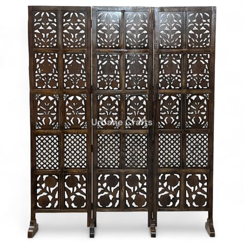 Image of Wooden Room Partition /Screen /Room Divider /Room Separator Burnt Wood Finish (Hand Buffing) Frame Traditional Handicrafts 6Ft Height (3 Panel with Stands)