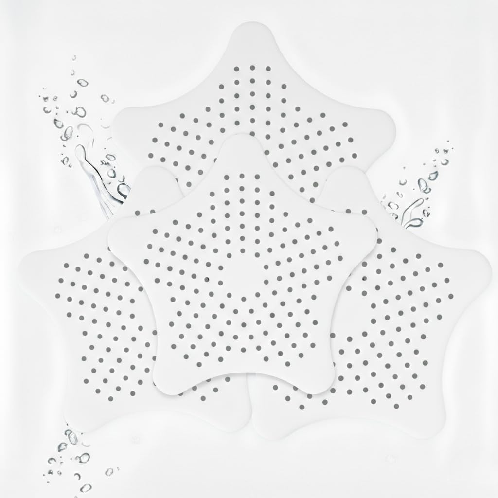 Drain Hair Catcher 3 Pack - Star Shaped Silicone Drain Cover with Strong Suction Cups - Kitchen Bathroom Shower - Prevents Clogs - 5.9 Inch (White)
