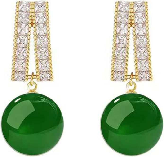 MRW Jade Drop Earrings for Women, Green Round Jade Dangle Earrings with Zircon Accents, Gold-Tone Setting