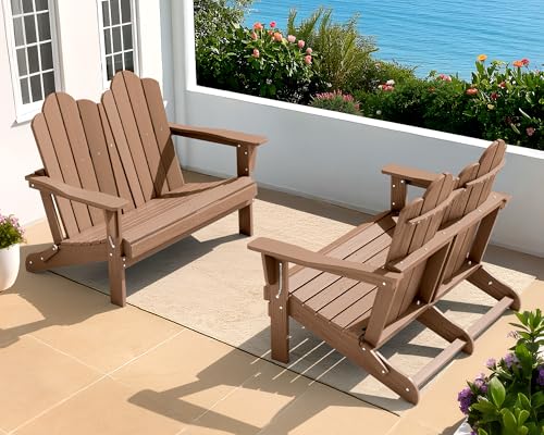 Image of SERWALL HDPE All-Weather Folding Adirondack Bench Set of 2, Brown