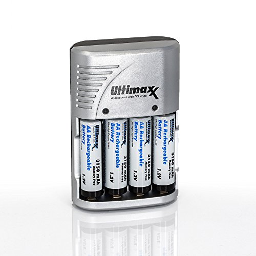 Ultimaxx 4 AA 3150 mAh NiMH Rechargeable Batteries with Rapid Travel Charger Adapter