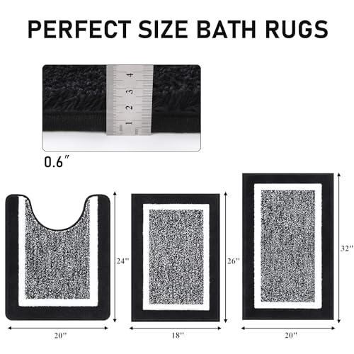 Pauwer Bathroom Rug Sets 3-Piece Shower Rugs with U-Shaped Contour Toilet Mat Absorbent Microfiber Plush Bath Mats Non Slip Machine Washable Shaggy Bathroom Floor Mats, Black