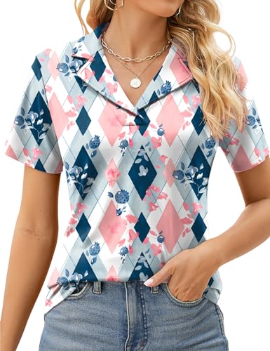 Rapbin Summer Tops for Women Short Sleeve Polo Shirts Casual V Neck Collared Shirts Diamond Pattern S