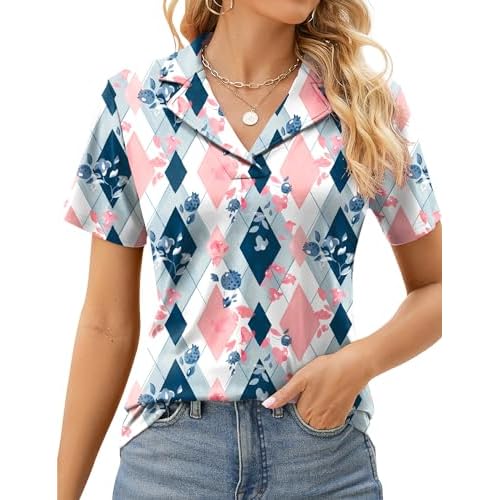 Rapbin Women's Polo Shirts Lapel Collar V Neck Short Sleeve Blouse Dressy Casual Tunic Tops Diamond Pattern Medium