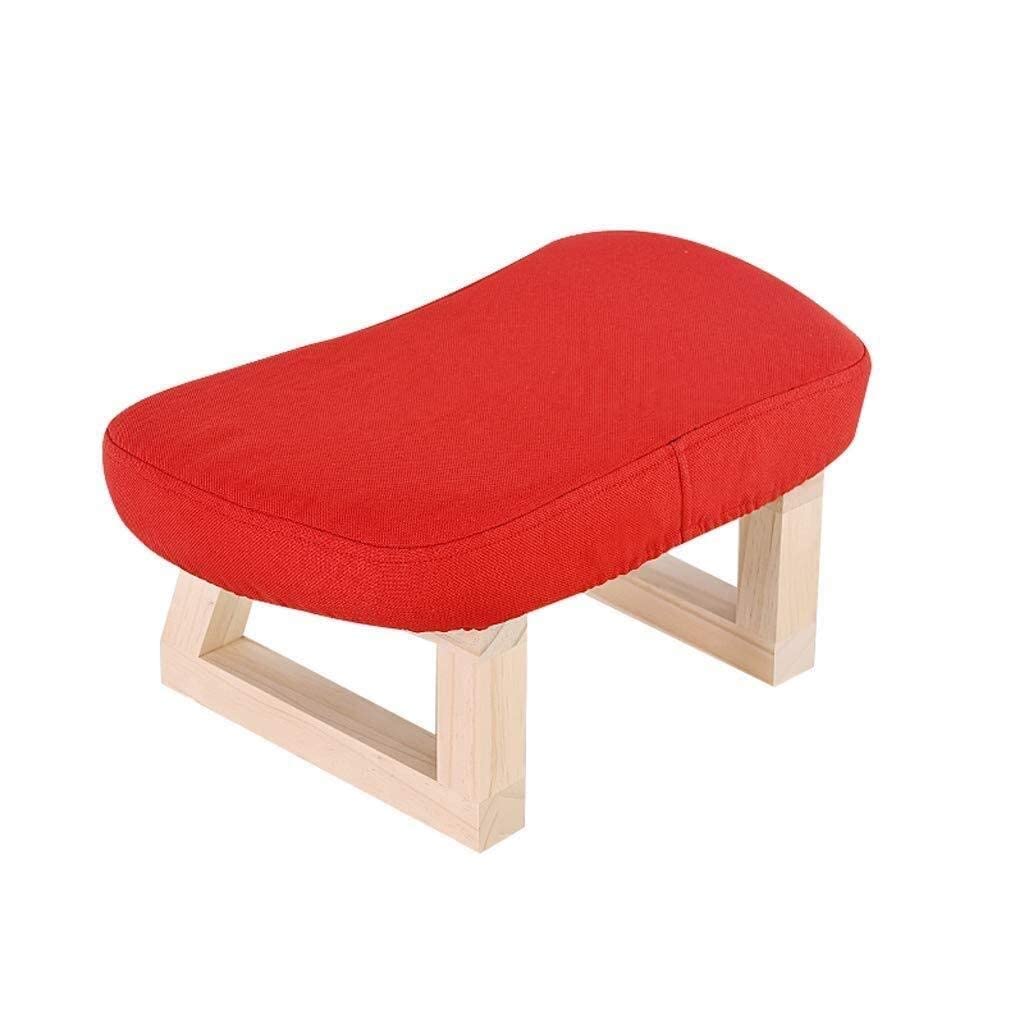 Banc en bois massif et pouf rectangle rouge en lin pour salon