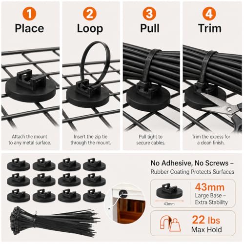 12 Piezas de Soportes Magnéticos para Cintas de Cable con 100 Cintas, 43mm, Negro miniatura 4