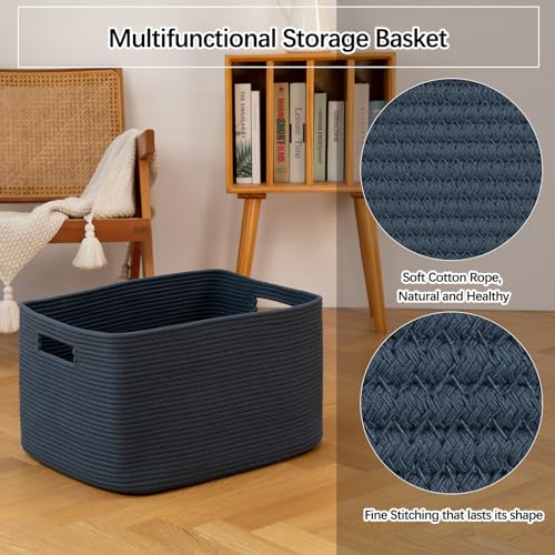 Image of OIAHOMY 75L Large Blanket Basket, Woven Storage Basket with Handle, Cotton Rope Basket 22 inchx17 inchx12 inch,Blanket Basket Living Room, Toy Basket for Nursery, Blue
