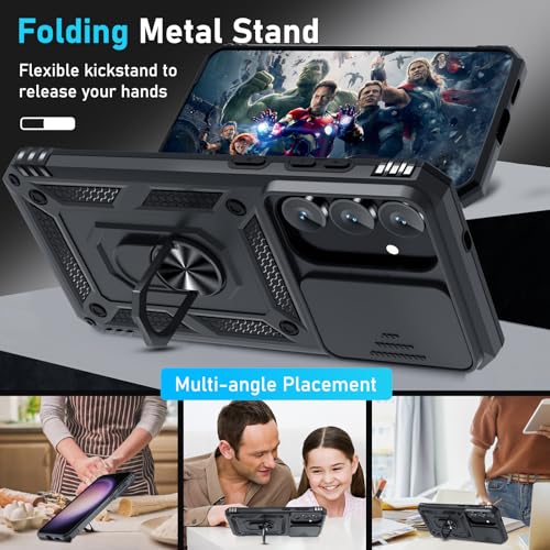 Image of Janmitta Compatible with Samsung Galaxy S25 FE Case Built in Slide Camera Lens Cover+Screen Protector+Finger Ring Holder Kickstand,Heavy Duty Shockproof Full Body Phone Cover,2025 Black