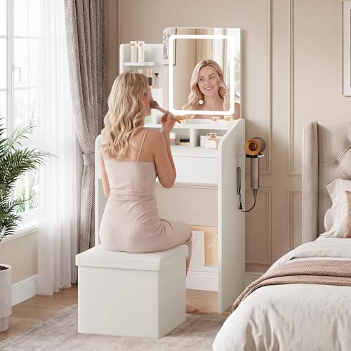 Image of LIVELYGLOW 24 inch White Small Vanity Set with Lighted Mirror & Storage Stool | Smart LED Mirror, Charging Station, Hairdryer Rack, Space-Saving
