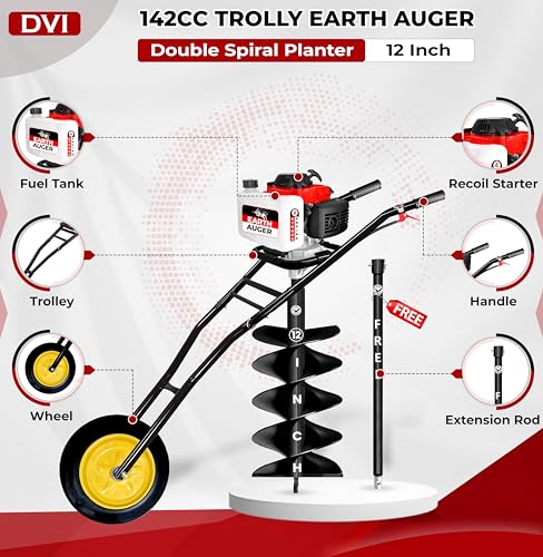 Image of DVI 142CC Trolley Earth Auger Machine, 4-Stroke Petrol Engine - with 12 Inch Double Spiral Planter Bits & Free Extension Rod | for Plantation, Fencing & Post Hole Digging in All Soil Types.