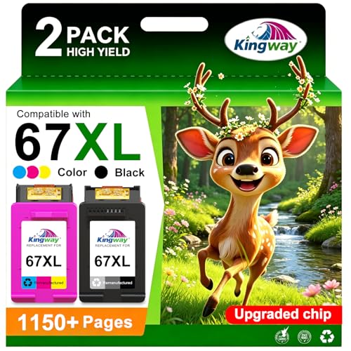 Image of KINGWAY 67XL Ink Cartridge Combo Pack Replacement for HP 67 Printer 2 PK