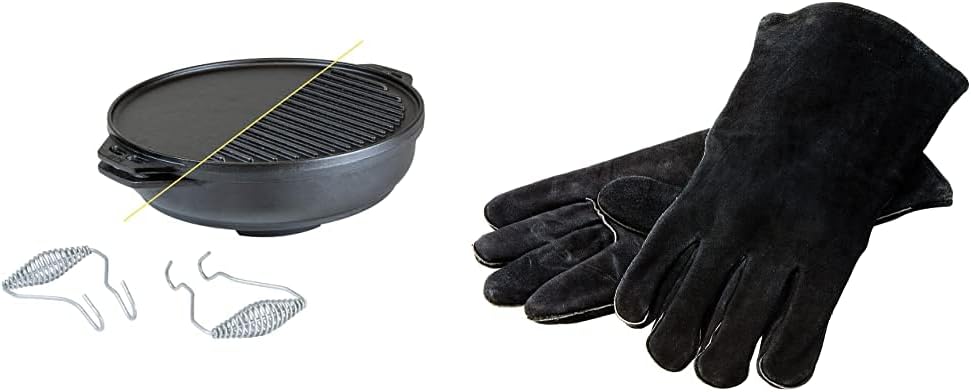 Lodge Cast Iron Cookware Set with Accessories - Five-Piece Cast Iron Cookware Set with Reversible Grill/Griddle, Wok, Handles and Leather Gloves