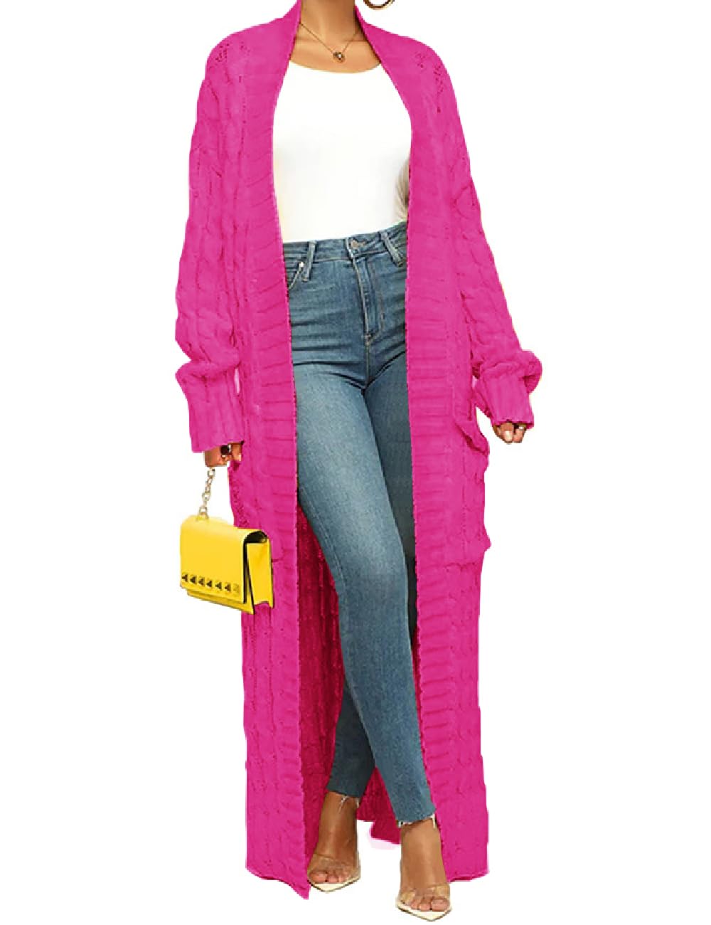 Womens Thin Stylish Cable Knit Dual Extra Long Maxi Cardigan with 2-Pockets