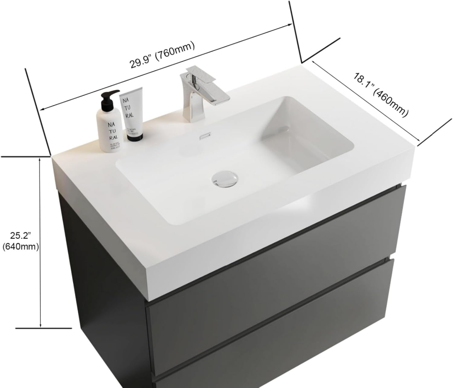 LKTART 30" Modern Grey Bathroom Vanity with Sink and 2 Drawers Large Storage Wall Mounted Floating Bathroom Vanity for Bathroom, One-Piece Glossy White Sink Basin without Drain and Fauce