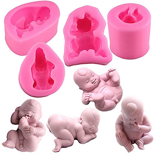 4Pcs/Set 3D Cute Newborn Sleeping Baby Silicone Molds for Fondant Chocolate Candy Soap Craft Baby Shower Birthday Party Cake Topper Decoration Supplies