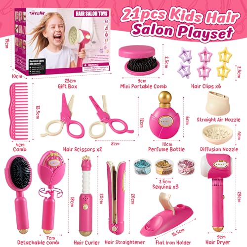 Friseur Set Kinder Spielzeug Geschenke für Mädchen 3-6 Jahre, Friseurkoffer Haarstyling Zubehör mit Haartrockner Lockenstab Schere Kamm Haarschmuck Rollenspiel Spielzeug für Mädchen ab 3 4 5 6 7 8