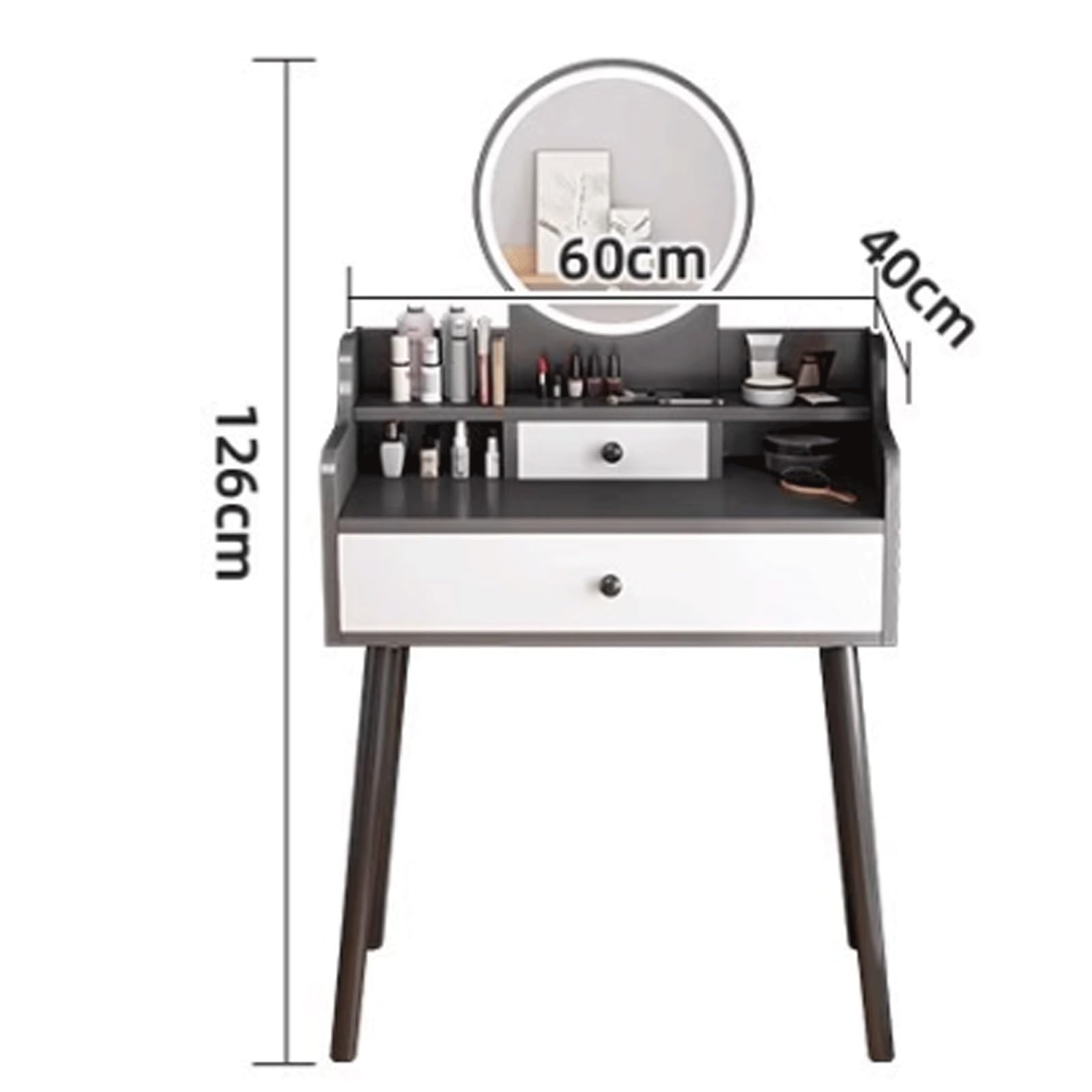 Schminktisch, Schminktisch mit rundem Spiegel und Lichtern, Schminktisch-Set mit Schubladen, Schminktisch für Schlafzimmer (grau-weiß), Schminktisch (grau, 80 cm)