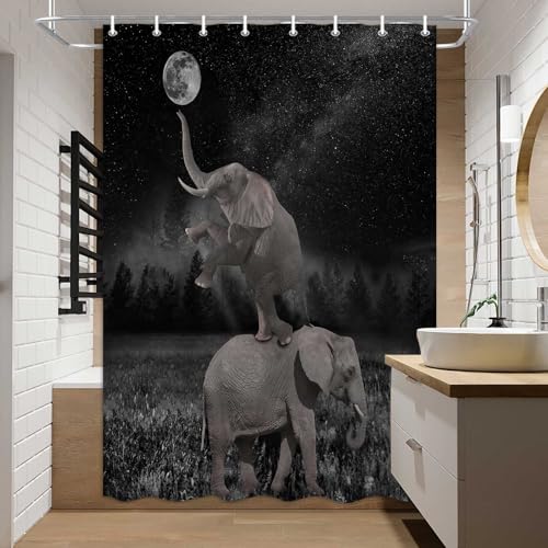 Image of Boziqr Funny Shower Curtains for Bathroom, Cute Elephant Moon Forest Bath Curtain, Rustic Farmhouse Decor Polyester Fabric Fun Cool Animals Black 47 x 64 Inches