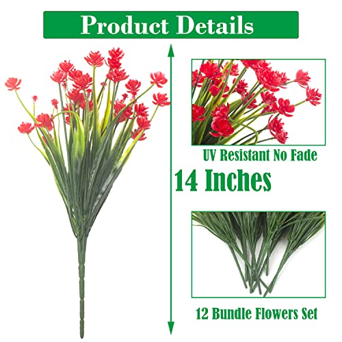 Artificial Fake Flowers, 12 Bundles Outdoor Uv Resistant Greenery Shrubs Plants Indoor Outside Hanging Planter Home Garden Décor (Red) #TOP1