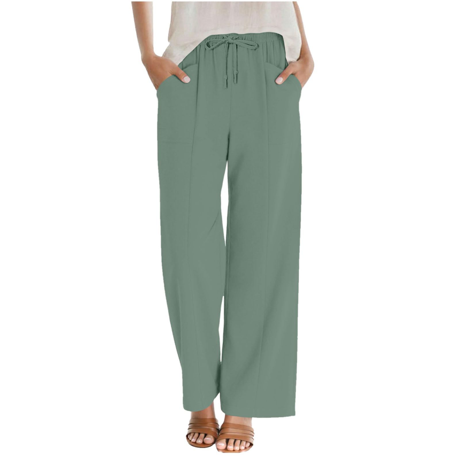 Pantalon Fluide Femme Été Coton Et Lin Léger Ample Large Pantalons Chic Et Elegant Palazzo Coupe Droit Taille Haute Élastique Poche Pants De Plage Couleur Unie Décontracté Mode Vêtements