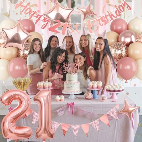 Image of Jobkoo 21st Birthday Decorations for Her, Retro Pink Nude Number 21 Balloon Set Happy 21st Birthday Banner Cake Topper Dusty Pink Beige Rosegold Star Balloons for Women 21 Year Old Bday Party Decor