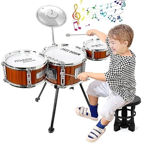 Kids Drum Set Music Toy Drum Set for Toddlers Ages 3-5 Jazz Drum Kit with Stool, 3 Drums Percussion Musical Instruments Toys for 3 4 5 Year Old Boys Girls Gifts Cover