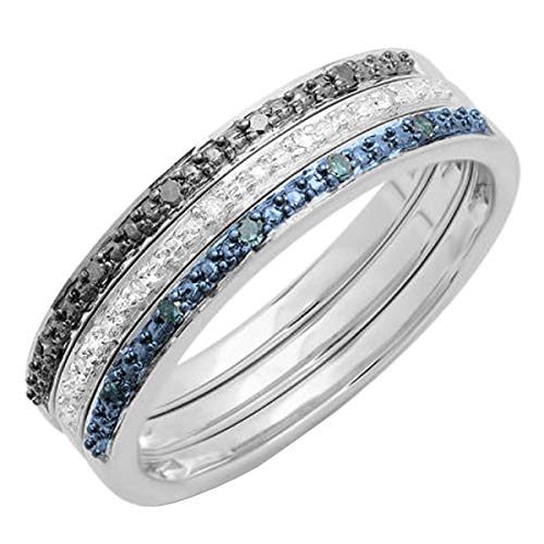 Dazzlingrock Collection 0.10 Carat (Cttw) Black, Blue & White Diamond Wedding Ring Set 1/10 CT, Sterling Silver, Size 6