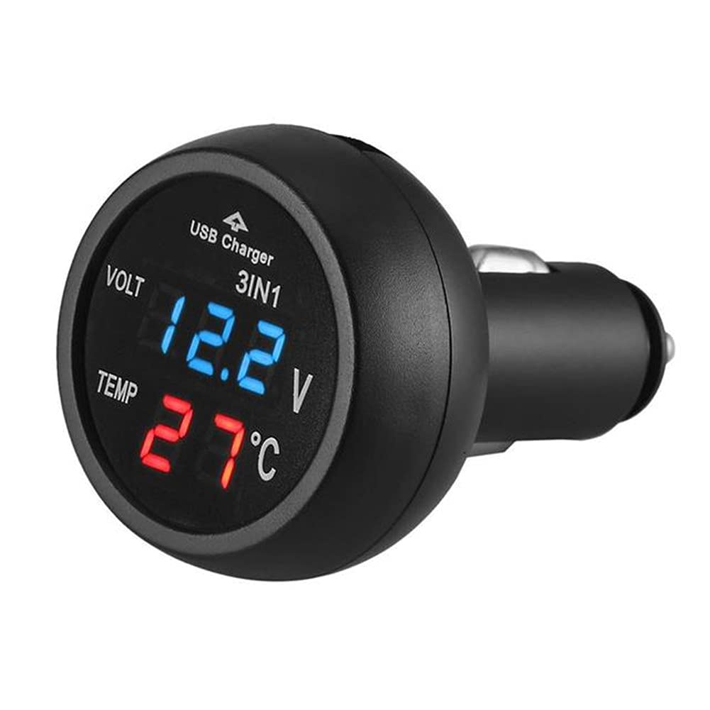 3 en 1 Termómetro Voltímetro para Coche, Cargador USB y Carga Rápida con Mechero Digital 12-24 V