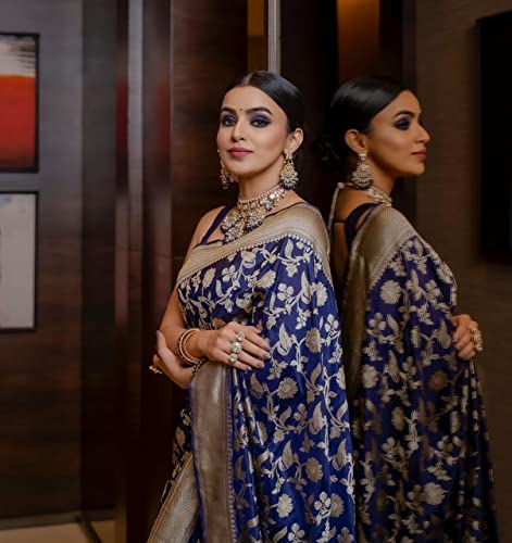Image of Flosive Women's Present Banarasi Soft Lichi Silk Saree Beautiful Jacquard Rich Pallu Design Work Zari Woven Ayn Kanjivaram Silk Style Saree With Soft Lichi Silk Blouse Piece (Dark Blue)