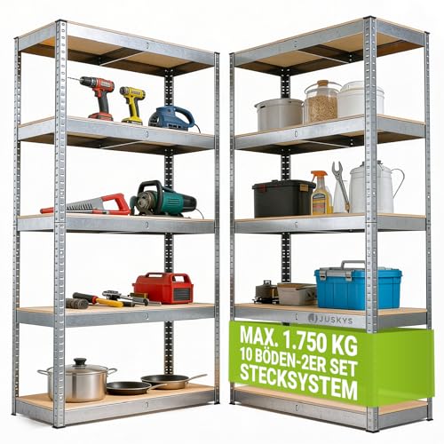 Juskys 2er-Set Lagerregal Basic 2X 180x90x40cm (HxBxT) | 1750 kg | 10 Böden | Schwerlastregal Steckregal Metall Kellerregal Regalsystem Regal verzinkt