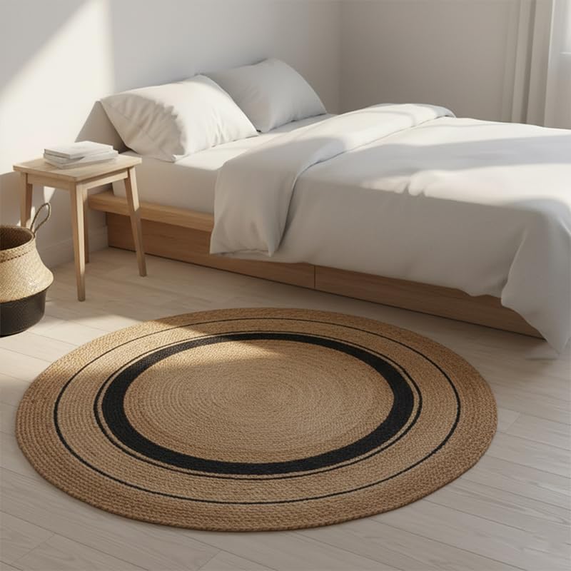 Image of Jute Round Carpet 3x3 feet - Handmade Braided Boho Rug for Living Room, Bedroom & Balcony - Soft Washable Floor Mat, Color - Beige Black