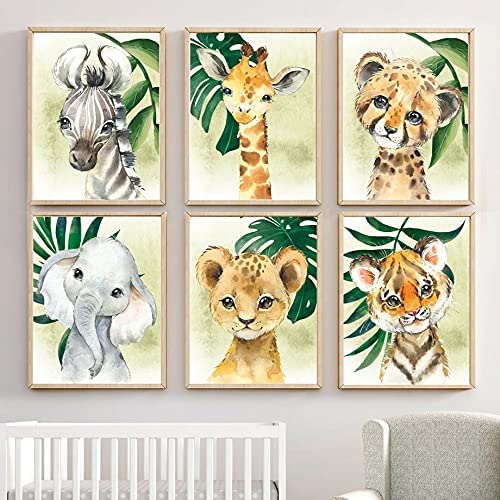 6 Affiches Animaux de la Foret Bebe Enfant a4 Poster Elephant Lion Girafe Zèbre Tigre Tableaux Chambre Decoration sans Cadres Cover