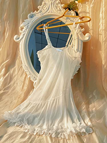 Soly Hux Women's Lingerie Appliques Sheer Mesh Chemise Babydoll Nightgowns Sleepshirts Slip Dress Solid White S #TOP1