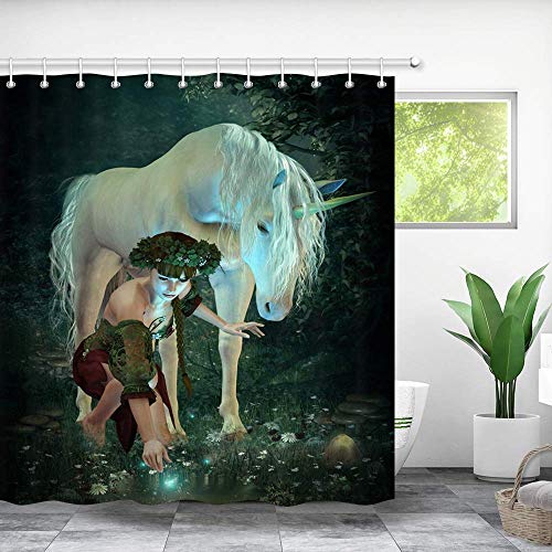 Nymb Fantasy Unicorn Shower Curtain Set, Elf Girl And Unicorn Horse In Fairy Forest With Flowers Decor For Bathroom Curtains, Polyester Fabric Bathroom 69X70 In #TOP1