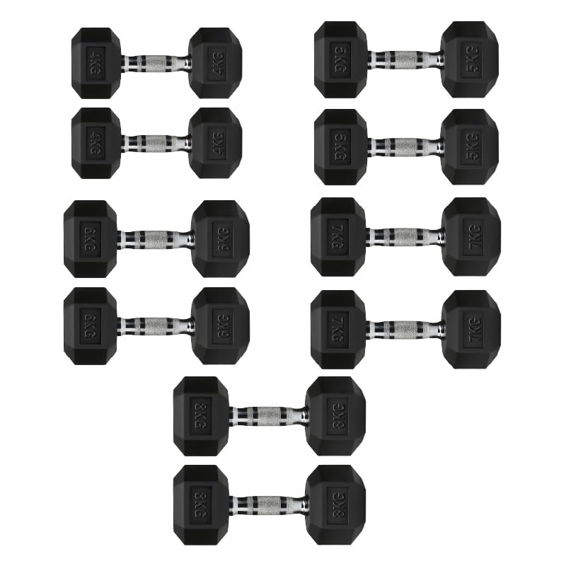Hex Dumbbell Set with Storage Rack | Heavy Duty Rubber Dumbbells Weights Set for Home Gym (Weights Only, 4+5+6+7+8 KG Pair Set)