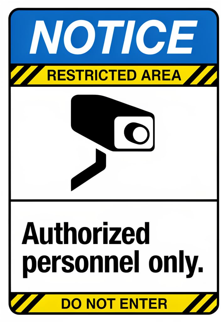 peiyeety 12x8 Inch Tin Metal Sign Notice Restricted Area – Authorized Personnel Only – DoEnter Security Camera Warning Wall Decor for Office, Warehouse, Garage, Home Entry, Business Safety Sign