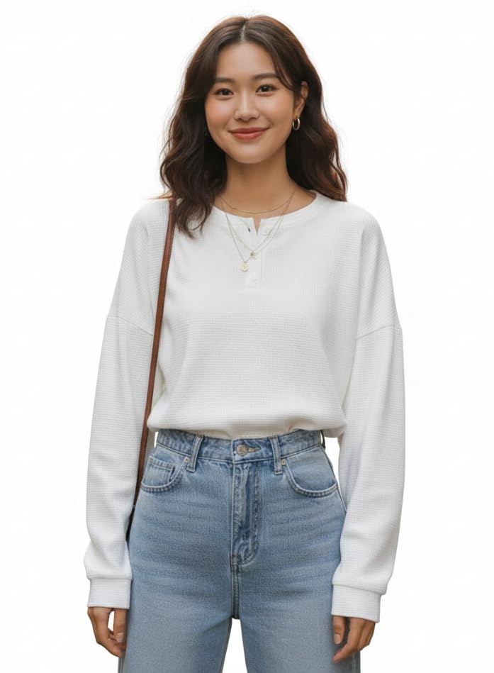 Full Sleeve Waffle (Wool) Oversized Tshirt for Women, Button Down Neck Longline Drop Shoulder Sweatshirt for Women