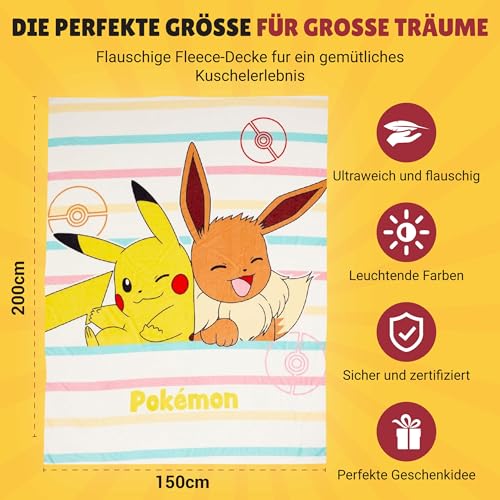 Familando Pokémon Kuscheldecke XL 150x200 cm - Fleece Decke mit Pikachu und Evoli - Weich, hautfreundlich, farbecht Kinder & Fans - pflegeleicht, schnelltrocknend, Öko-Tex Standard