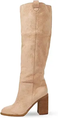 Erocalli Suede Knee-High Boots Fall Boot For Women Chunky Block High Heel Slouch Fashion Boot Round Toe Side Zipper