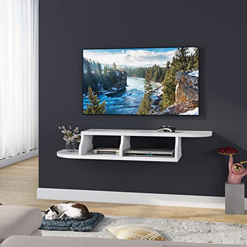 Modern Floating TV Stand Shelf, Wall Mounted Media Console, Television/Audio/Video Console Media Storage Component Shelves for Xbox/Routers/Remotes/DVD Players (White)