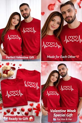 Image of Matching Couple T Shirt for Men & Women | Heartbeat Printed Cotton Couple T-Shirt | Round Neck Half Sleeve Regular Fit | Valentine's Day, Pack of 2 | Red