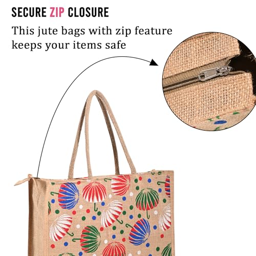 Image of Kuber Industries 2 Pcs Jute Shopping Bag for Women with Handle | Reusable Carry /Shopping Bag for Grocery, fruits & Vegetable | Umbrella Print - Brown