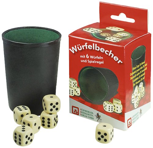 Würfelbecher Kunststoff, 6 Würfeln und Anleitung in der Faltschachtel