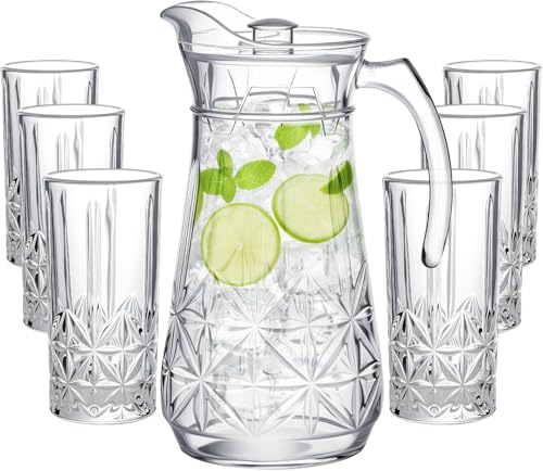 Image of Premium Water and Juice Glasses and Jug Set Combo [6 Piece Glass 350ML & 1 Piece Jug 1.6 Liter] Transparent Pitcher Set for Dining Table, Home & Restaurant,Party (MTS - 25)